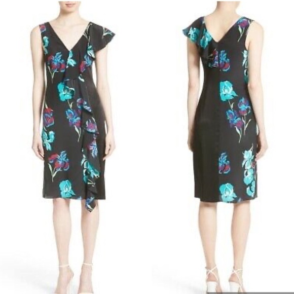 Diane Von Fustenberg Silk Side Ruffle Floral Sheath Dress 4 - Picture 1 of 8